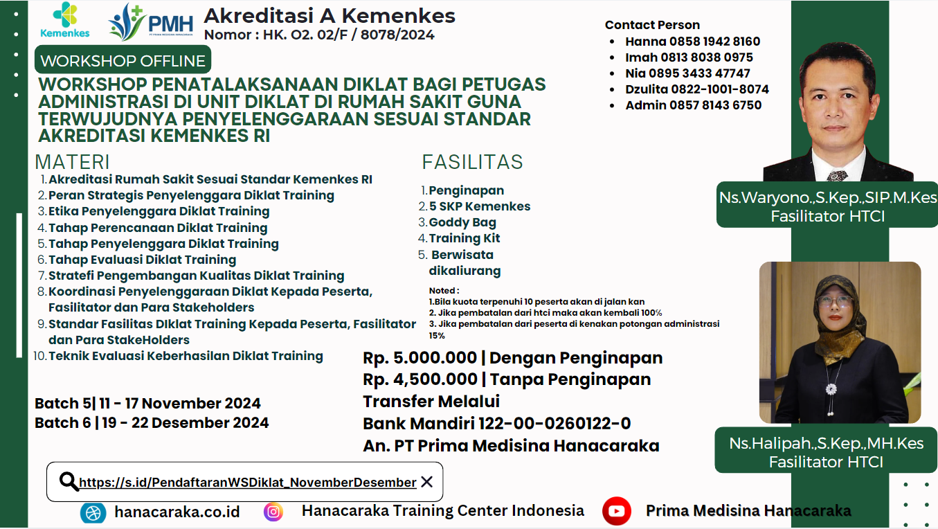 WORKSHOP PENATALAKSANAAN DIKLAT BAGI PETUGAS ADMINISTRASI DI UNIT DIKLAT DI RUMAH SAKIT GUNA TERWUJUDNYA PENYELENGGARAAN SESUAI STANDAR AKREDITASI KEMENKES RI